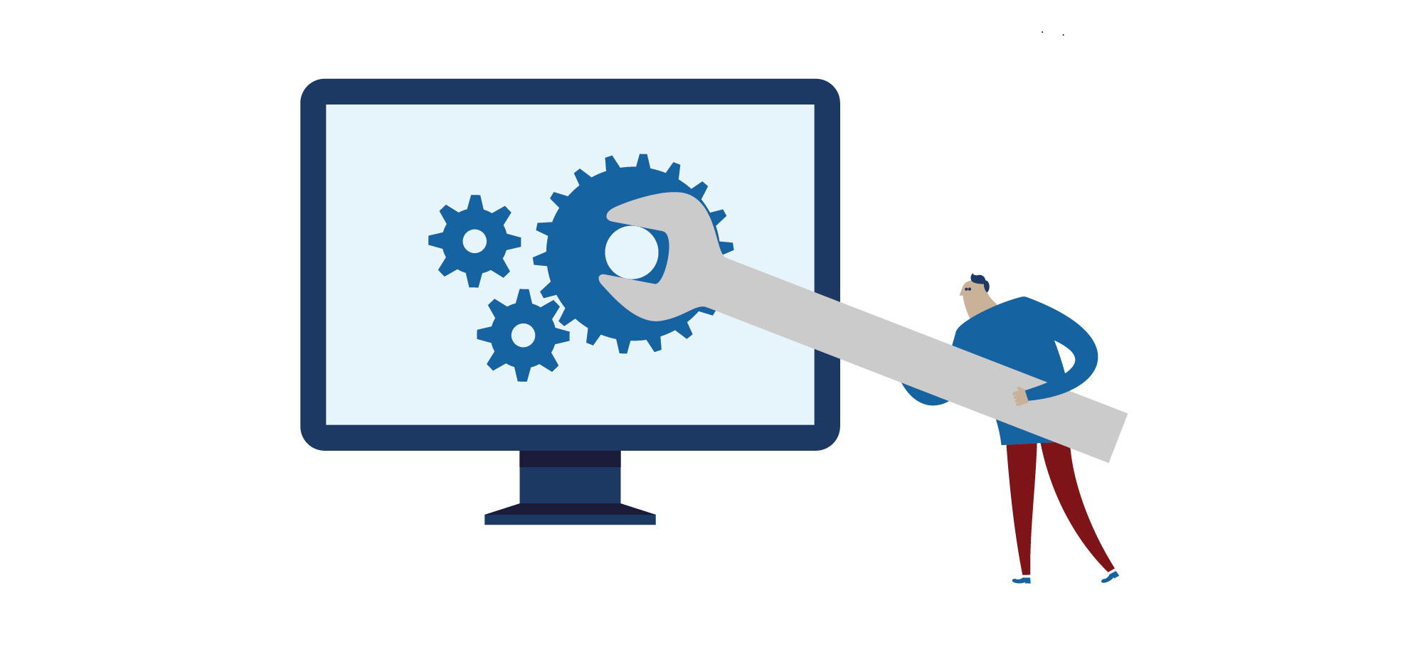 graphic of a person using a wrench to turn gears on a computer monitor screen